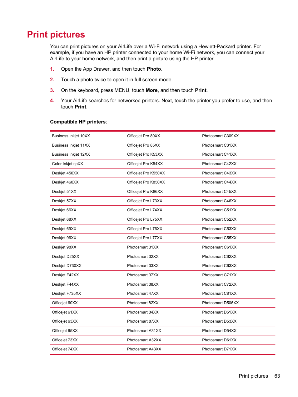 Print pictures | HP Compaq AirLife 100 series User Manual | Page 71 / 117