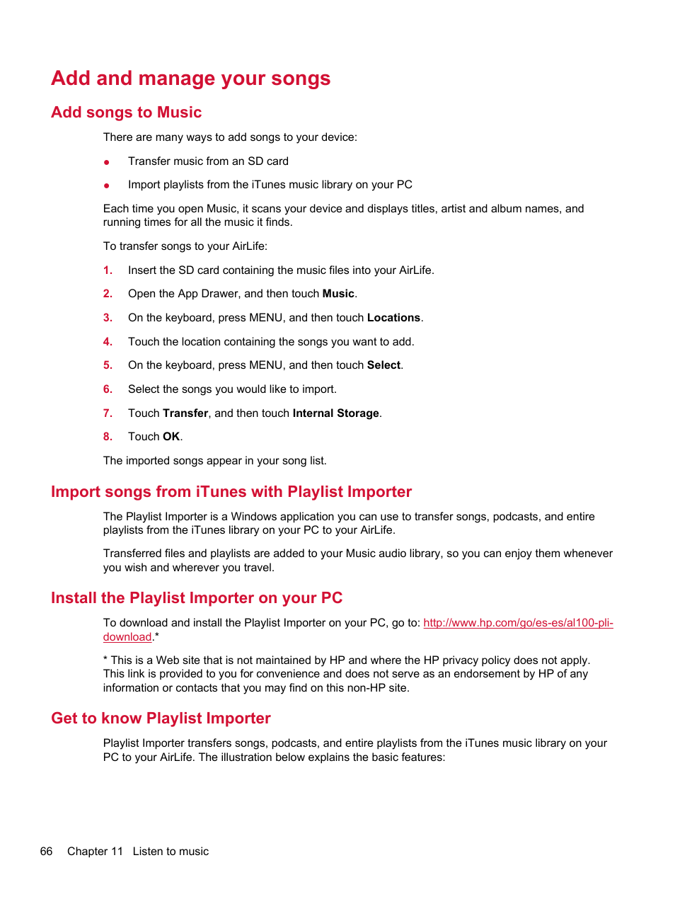 Add and manage your songs, Add songs to music, Import songs from itunes with playlist importer | Install the playlist importer on your pc, Get to know playlist importer | HP Compaq AirLife 100 series User Manual | Page 74 / 117