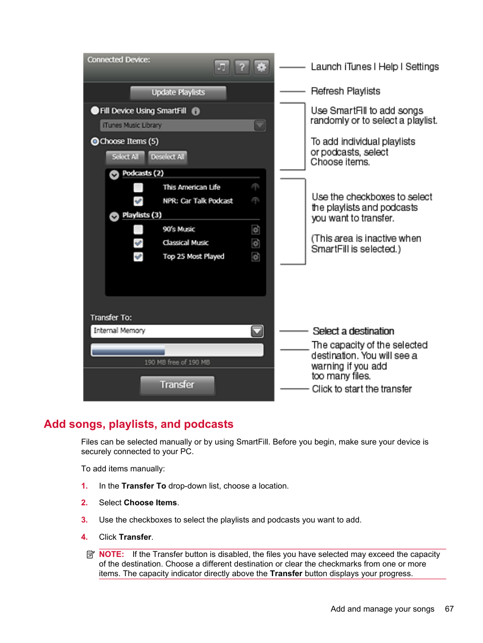 Add songs, playlists, and podcasts | HP Compaq AirLife 100 series User Manual | Page 75 / 117