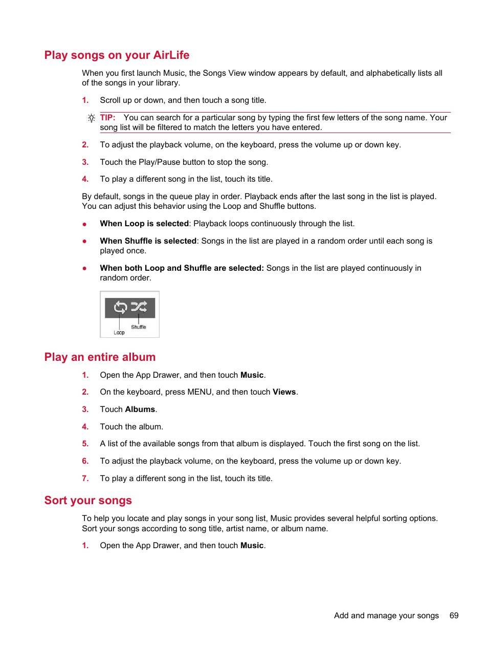 Play songs on your airlife, Play an entire album, Sort your songs | HP Compaq AirLife 100 series User Manual | Page 77 / 117