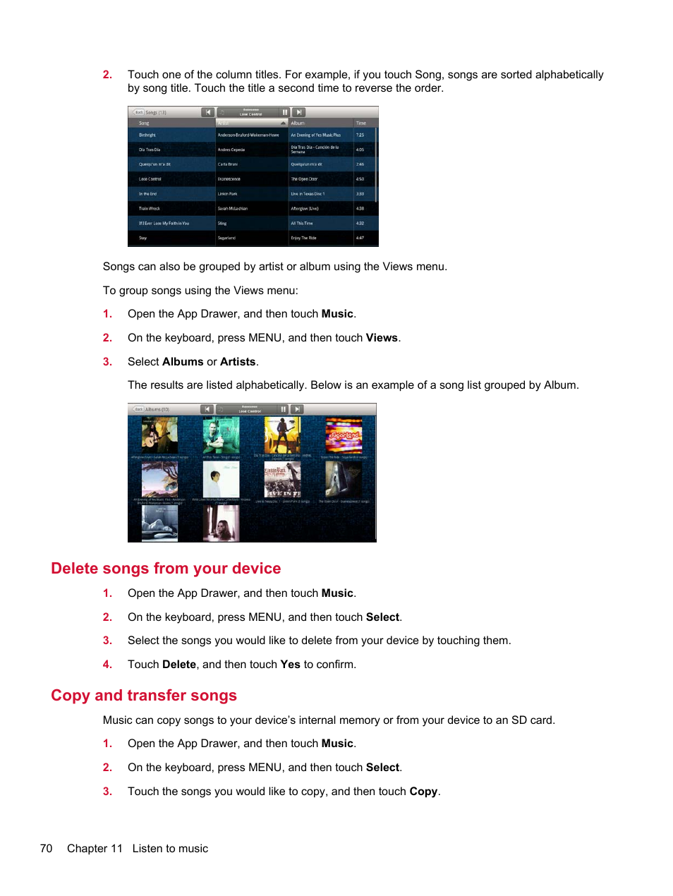 Delete songs from your device, Copy and transfer songs | HP Compaq AirLife 100 series User Manual | Page 78 / 117