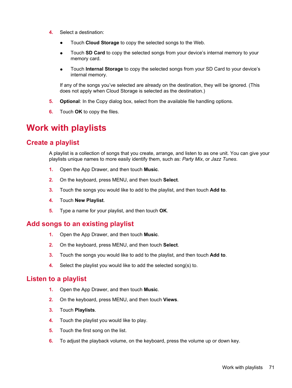 Work with playlists, Create a playlist, Add songs to an existing playlist | Listen to a playlist | HP Compaq AirLife 100 series User Manual | Page 79 / 117