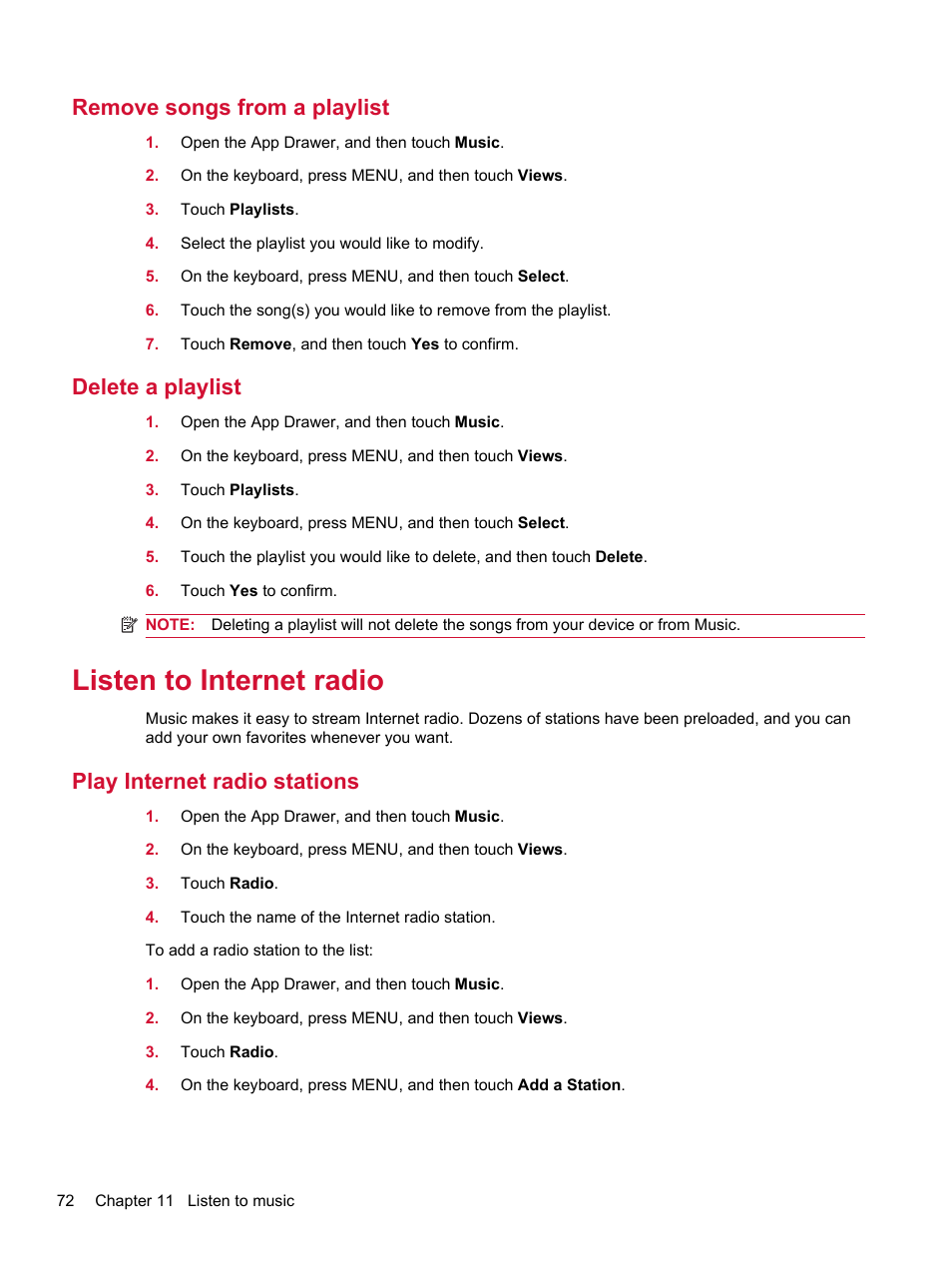 Remove songs from a playlist, Delete a playlist, Listen to internet radio | Play internet radio stations | HP Compaq AirLife 100 series User Manual | Page 80 / 117
