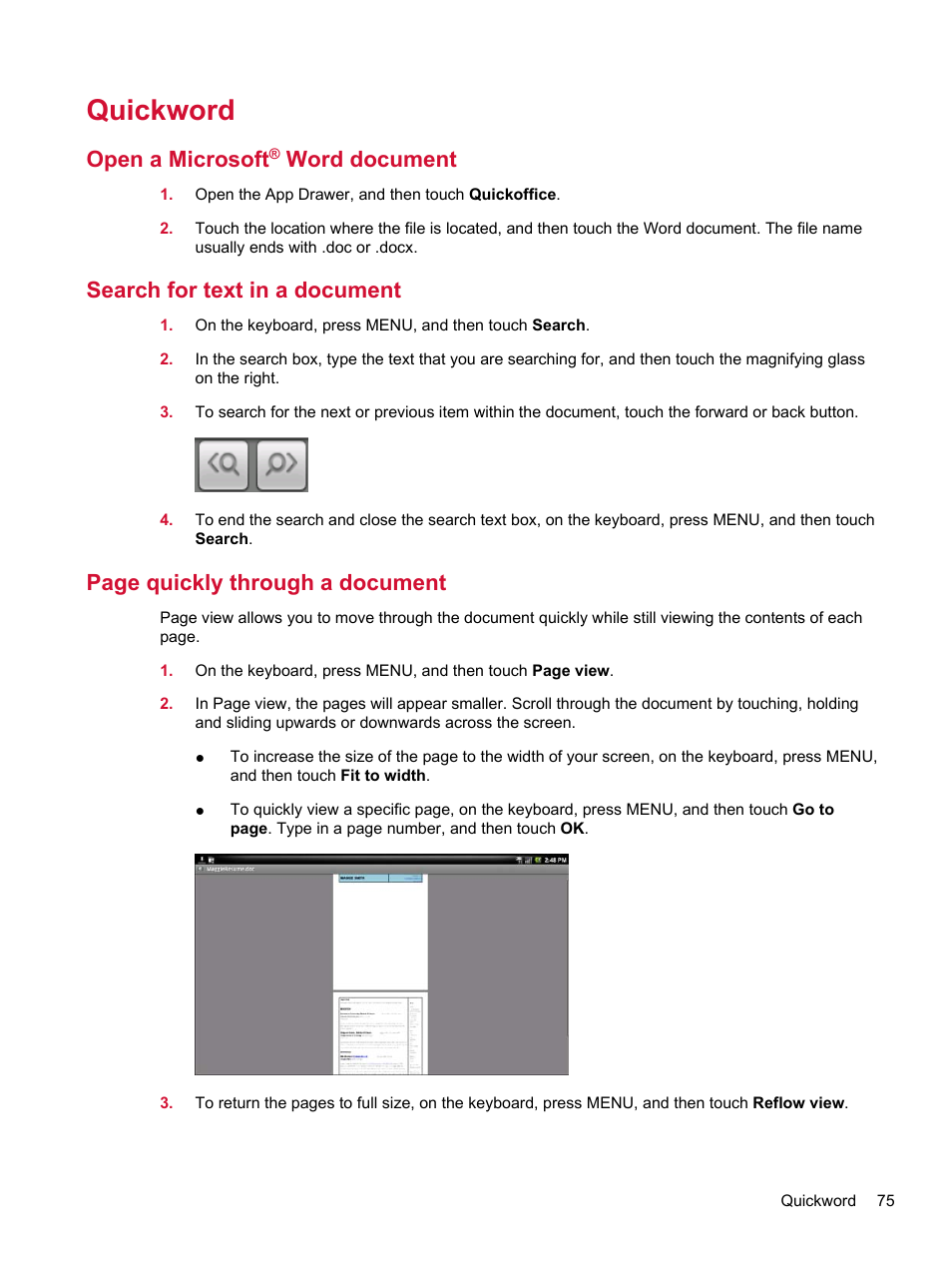 Quickword, Open a microsoft® word document, Search for text in a document | Open a microsoft, Word document, Page quickly through a document | HP Compaq AirLife 100 series User Manual | Page 83 / 117