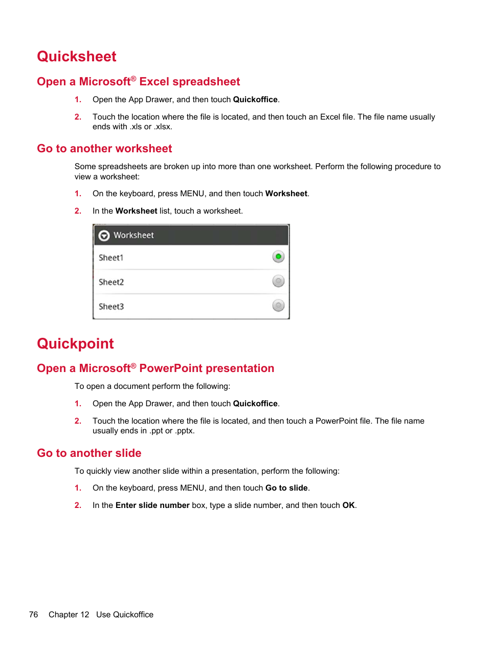 Quicksheet, Open a microsoft® excel spreadsheet, Go to another worksheet | Quickpoint, Open a microsoft® powerpoint presentation, Go to another slide, Open a microsoft, Excel spreadsheet, Powerpoint presentation | HP Compaq AirLife 100 series User Manual | Page 84 / 117