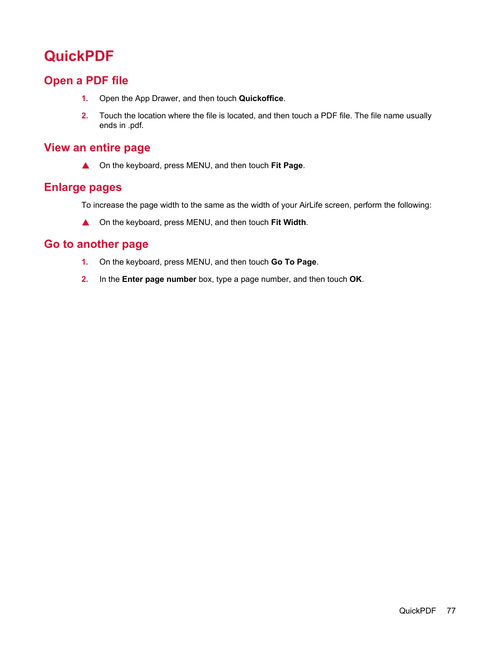 Quickpdf, Open a pdf file, View an entire page | Enlarge pages, Go to another page | HP Compaq AirLife 100 series User Manual | Page 85 / 117