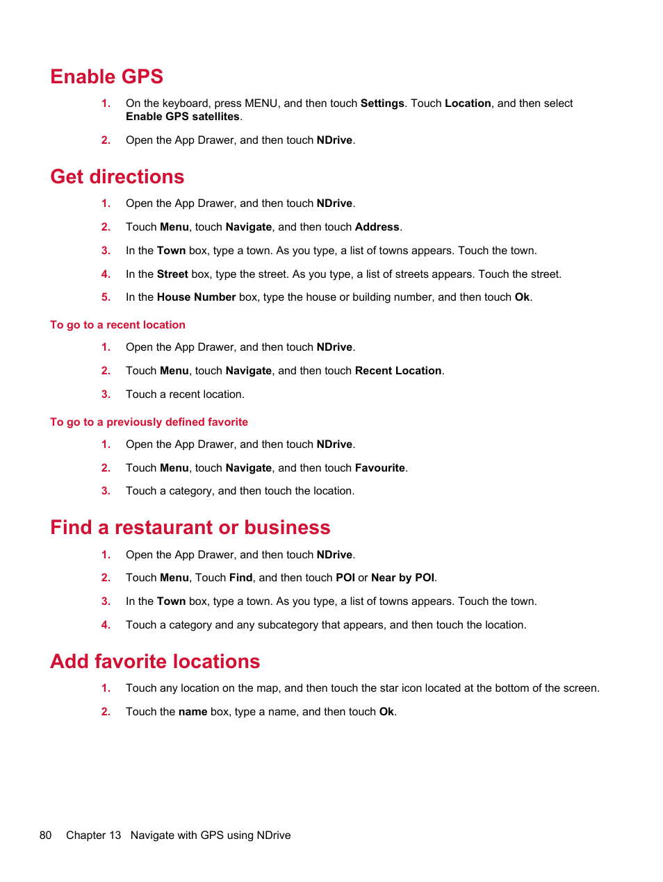 Enable gps, Get directions, Find a restaurant or business | Add favorite locations | HP Compaq AirLife 100 series User Manual | Page 88 / 117