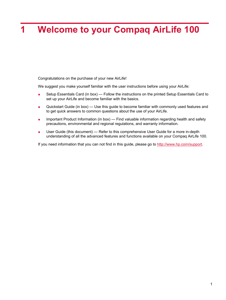 Welcome to your compaq airlife 100, 1 welcome to your compaq airlife 100, 1welcome to your compaq airlife 100 | HP Compaq AirLife 100 series User Manual | Page 9 / 117