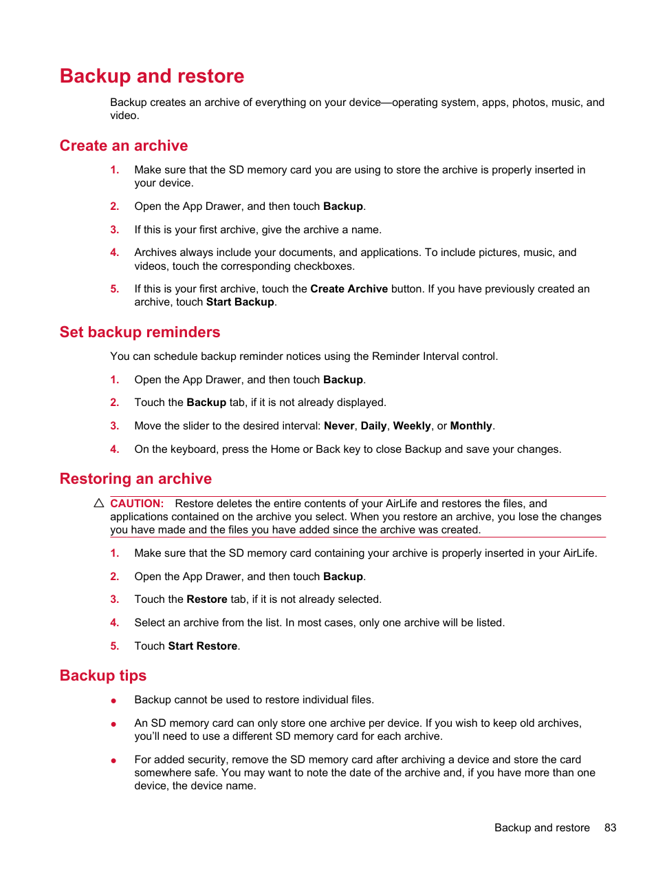 Backup and restore, Create an archive, Set backup reminders | Restoring an archive, Backup tips | HP Compaq AirLife 100 series User Manual | Page 91 / 117