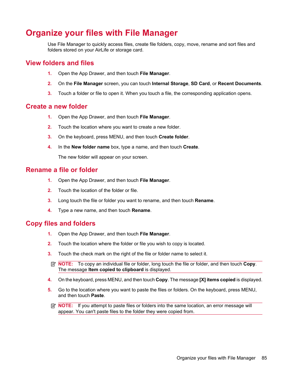 Organize your files with file manager, View folders and files, Create a new folder | Rename a file or folder, Copy files and folders | HP Compaq AirLife 100 series User Manual | Page 93 / 117