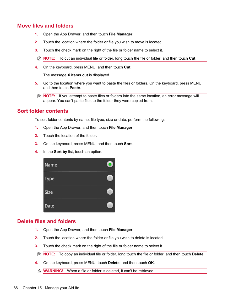 Move files and folders, Sort folder contents, Delete files and folders | Sort folder contents delete files and folders | HP Compaq AirLife 100 series User Manual | Page 94 / 117