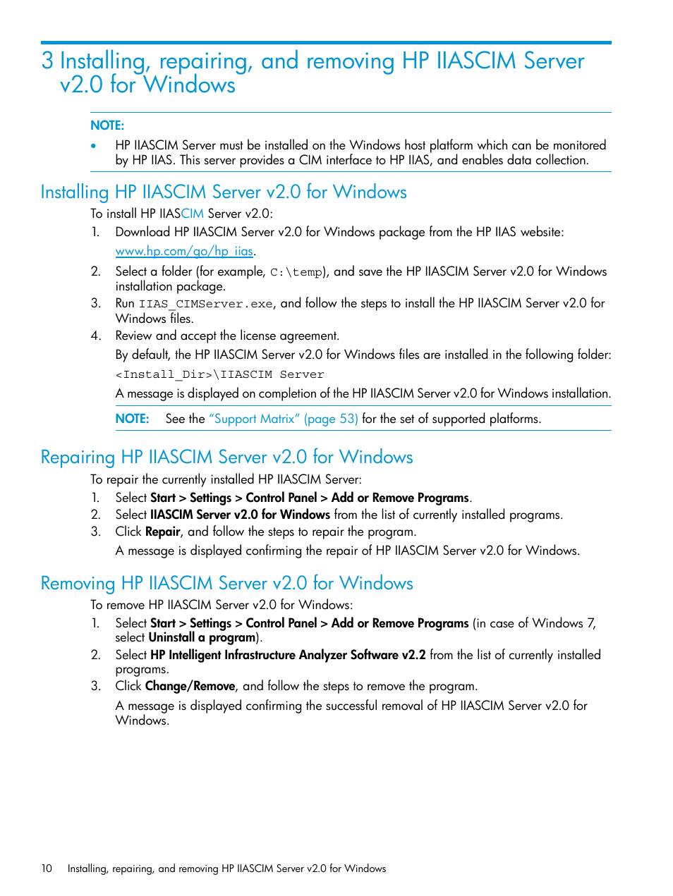 Installing hp iiascim server v2.0 for windows, Repairing hp iiascim server v2.0 for windows, Removing hp iiascim server v2.0 for windows | HP Intelligent Infrastructure Analyzer Software User Manual | Page 10 / 63