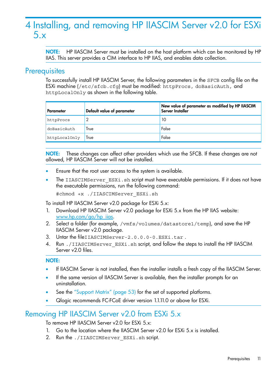 Prerequisites, Removing hp iiascim server v2.0 from esxi 5.x | HP Intelligent Infrastructure Analyzer Software User Manual | Page 11 / 63