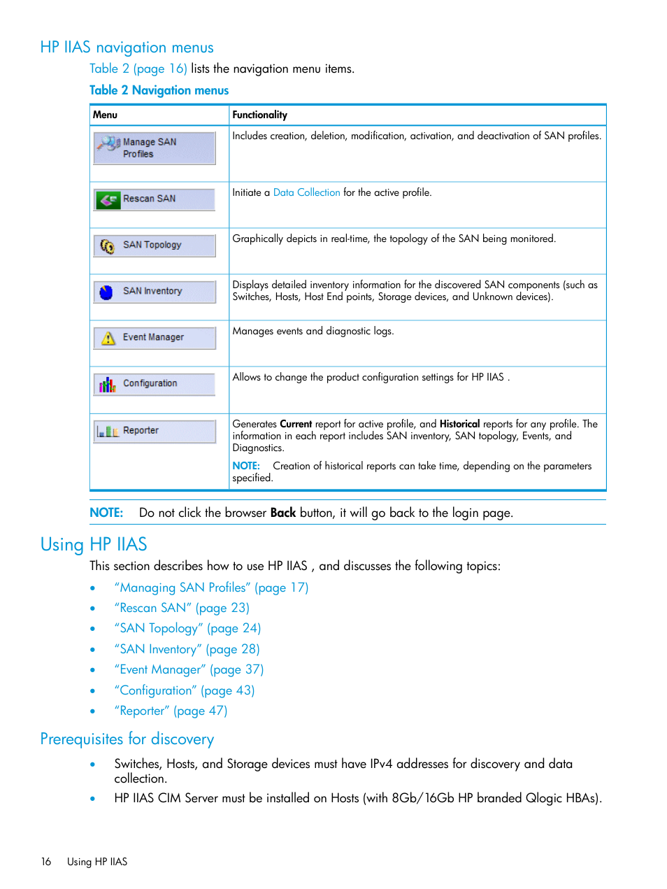 Hp iias navigation menus, Using hp iias, Prerequisites for discovery | HP Intelligent Infrastructure Analyzer Software User Manual | Page 16 / 63