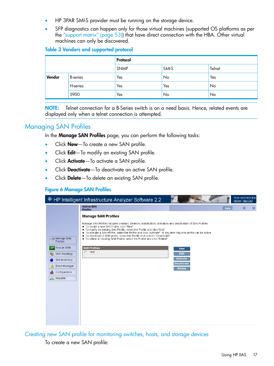 Managing san profiles | HP Intelligent Infrastructure Analyzer Software User Manual | Page 17 / 63