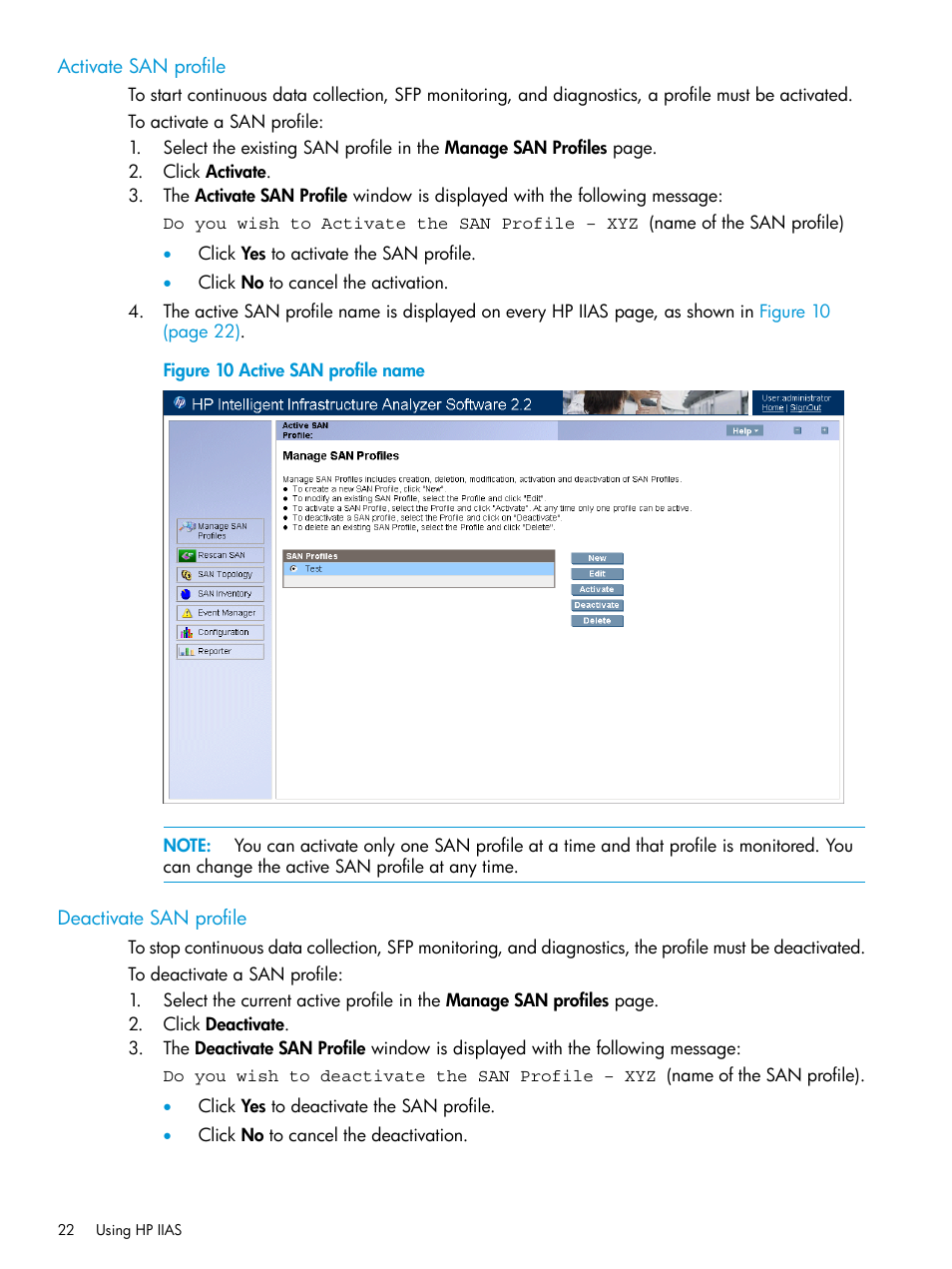 Activate san profile, Deactivate san profile, Activate san profile deactivate san profile | HP Intelligent Infrastructure Analyzer Software User Manual | Page 22 / 63