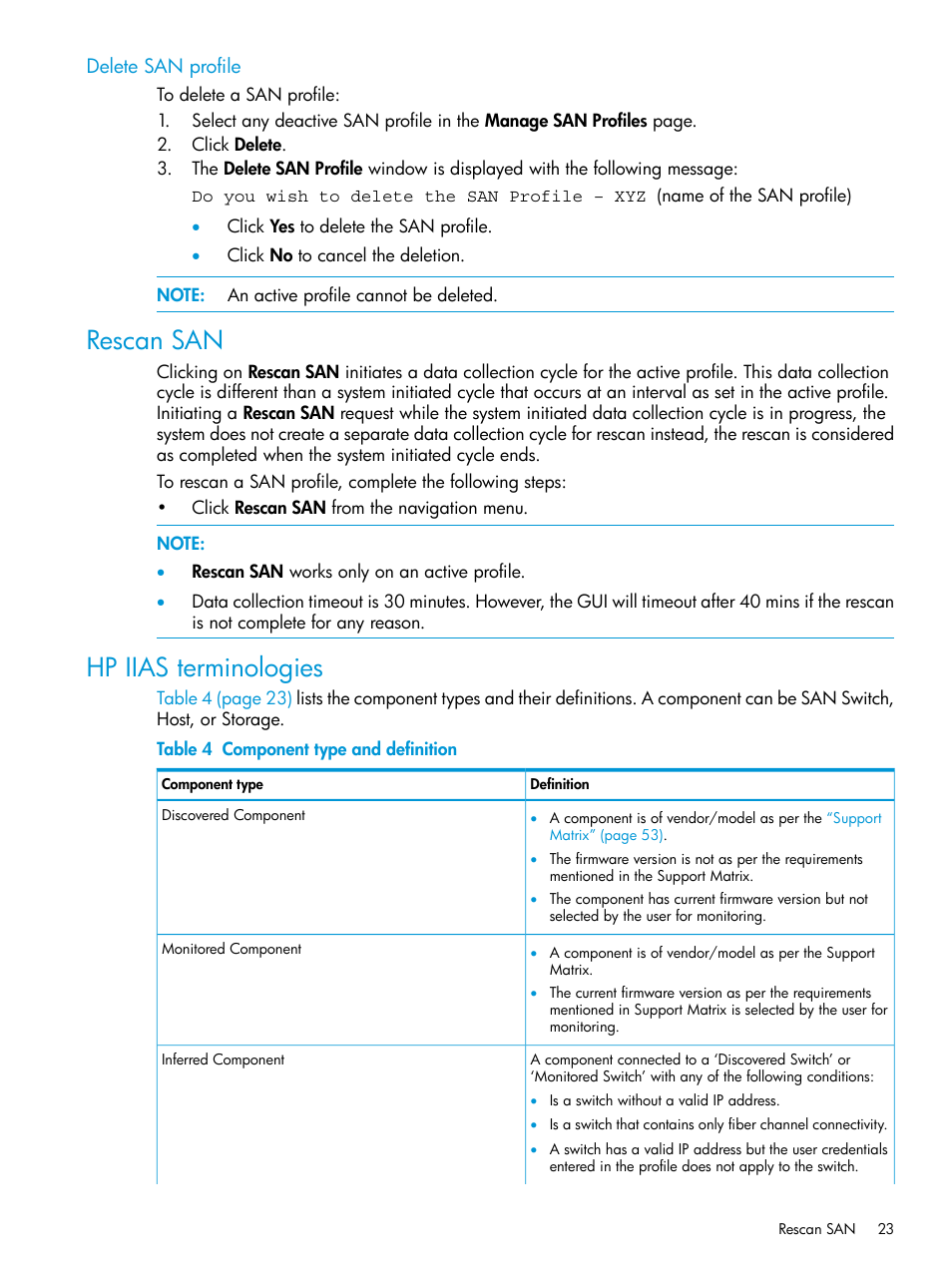 Delete san profile, Rescan san, Hp iias terminologies | Rescan san hp iias terminologies | HP Intelligent Infrastructure Analyzer Software User Manual | Page 23 / 63