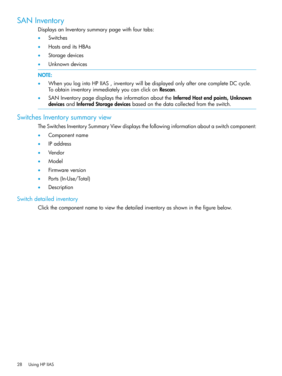 San inventory, Switches inventory summary view, Switch detailed inventory | HP Intelligent Infrastructure Analyzer Software User Manual | Page 28 / 63