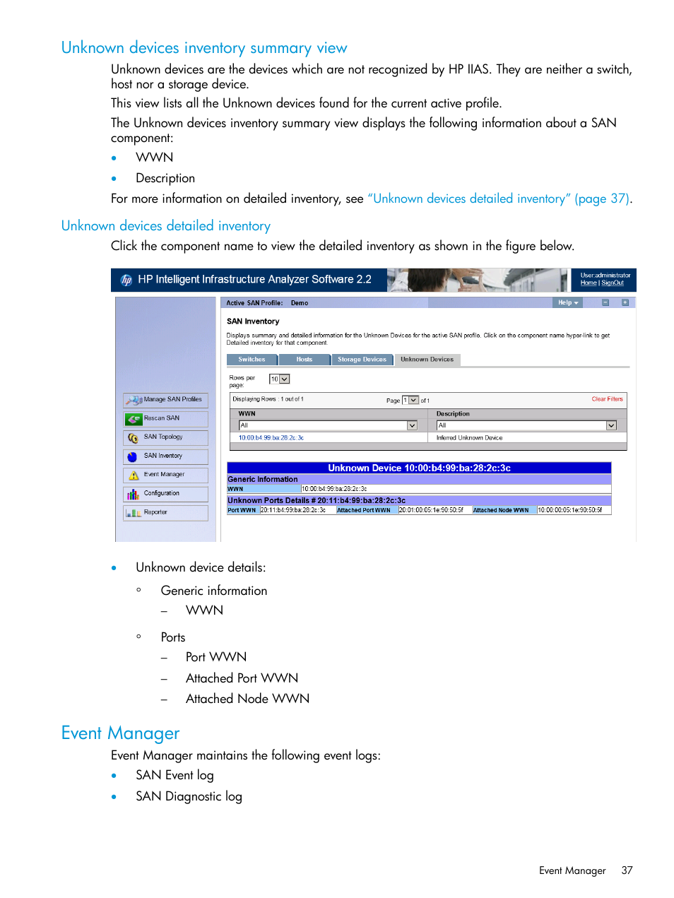 Unknown devices detailed inventory, Event manager, Unknown devices inventory summary view | HP Intelligent Infrastructure Analyzer Software User Manual | Page 37 / 63