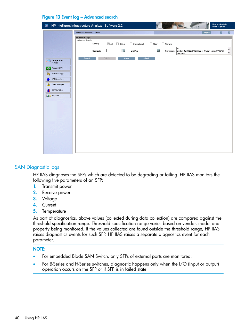 San diagnostic logs | HP Intelligent Infrastructure Analyzer Software User Manual | Page 40 / 63