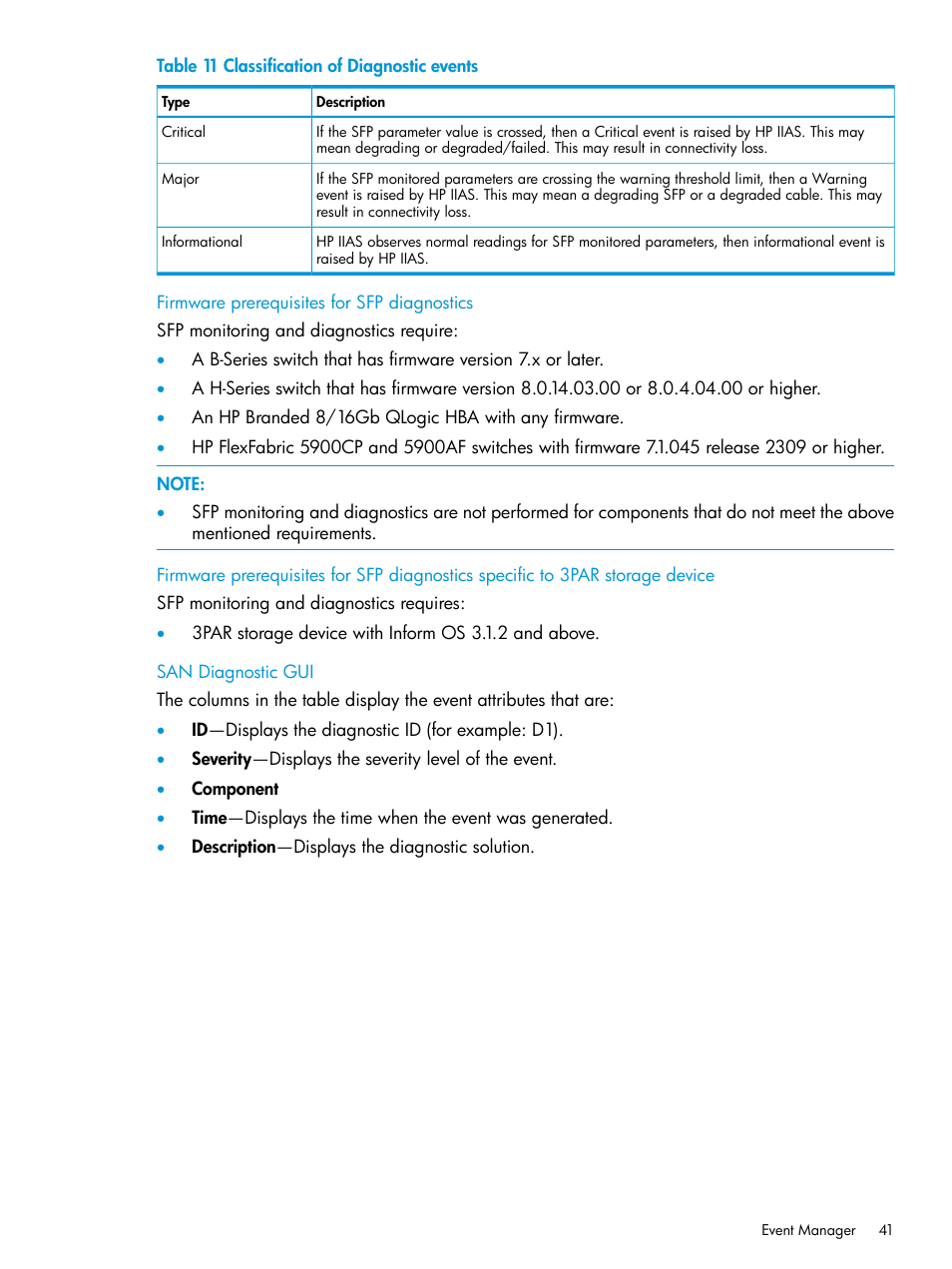 Firmware prerequisites for sfp diagnostics, San diagnostic gui | HP Intelligent Infrastructure Analyzer Software User Manual | Page 41 / 63