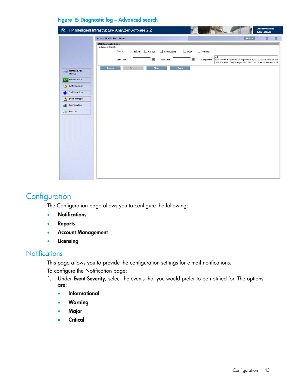 Configuration, Notifications | HP Intelligent Infrastructure Analyzer Software User Manual | Page 43 / 63