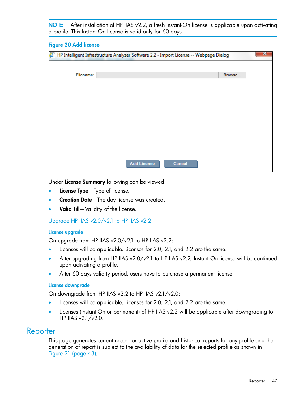 Upgrade hp iias v2.0/v2.1 to hp iias v2.2, Reporter | HP Intelligent Infrastructure Analyzer Software User Manual | Page 47 / 63