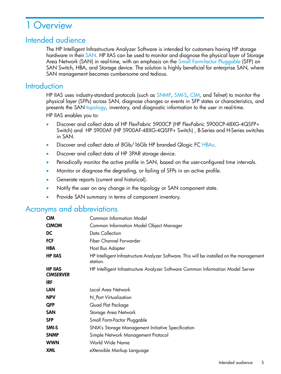 1 overview, Intended audience, Introduction | Acronyms and abbreviations | HP Intelligent Infrastructure Analyzer Software User Manual | Page 5 / 63