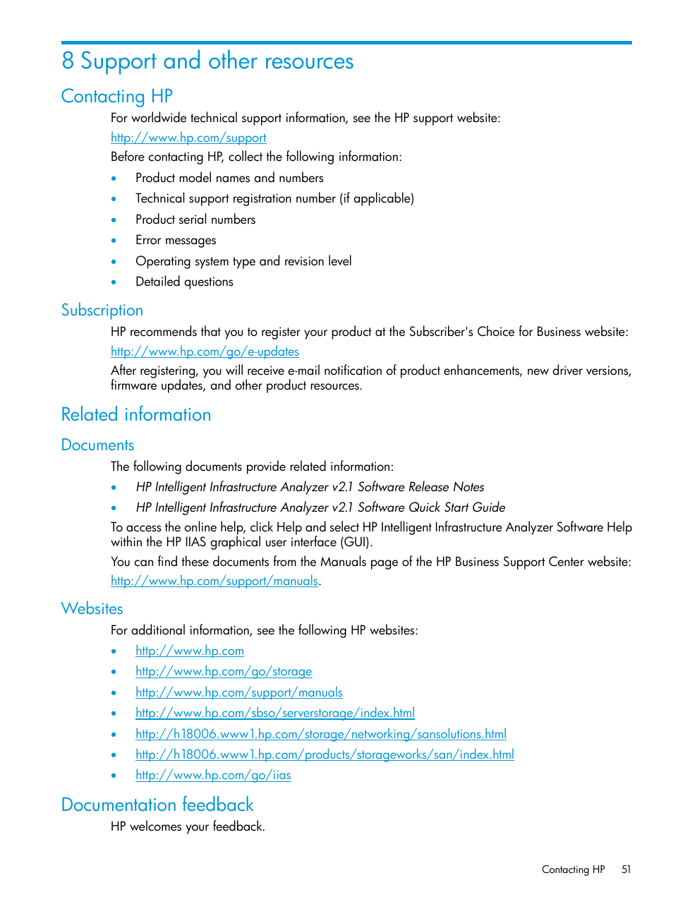 8 support and other resources, Contacting hp, Subscription | Related information, Documents, Websites, Documentation feedback, Documents websites | HP Intelligent Infrastructure Analyzer Software User Manual | Page 51 / 63