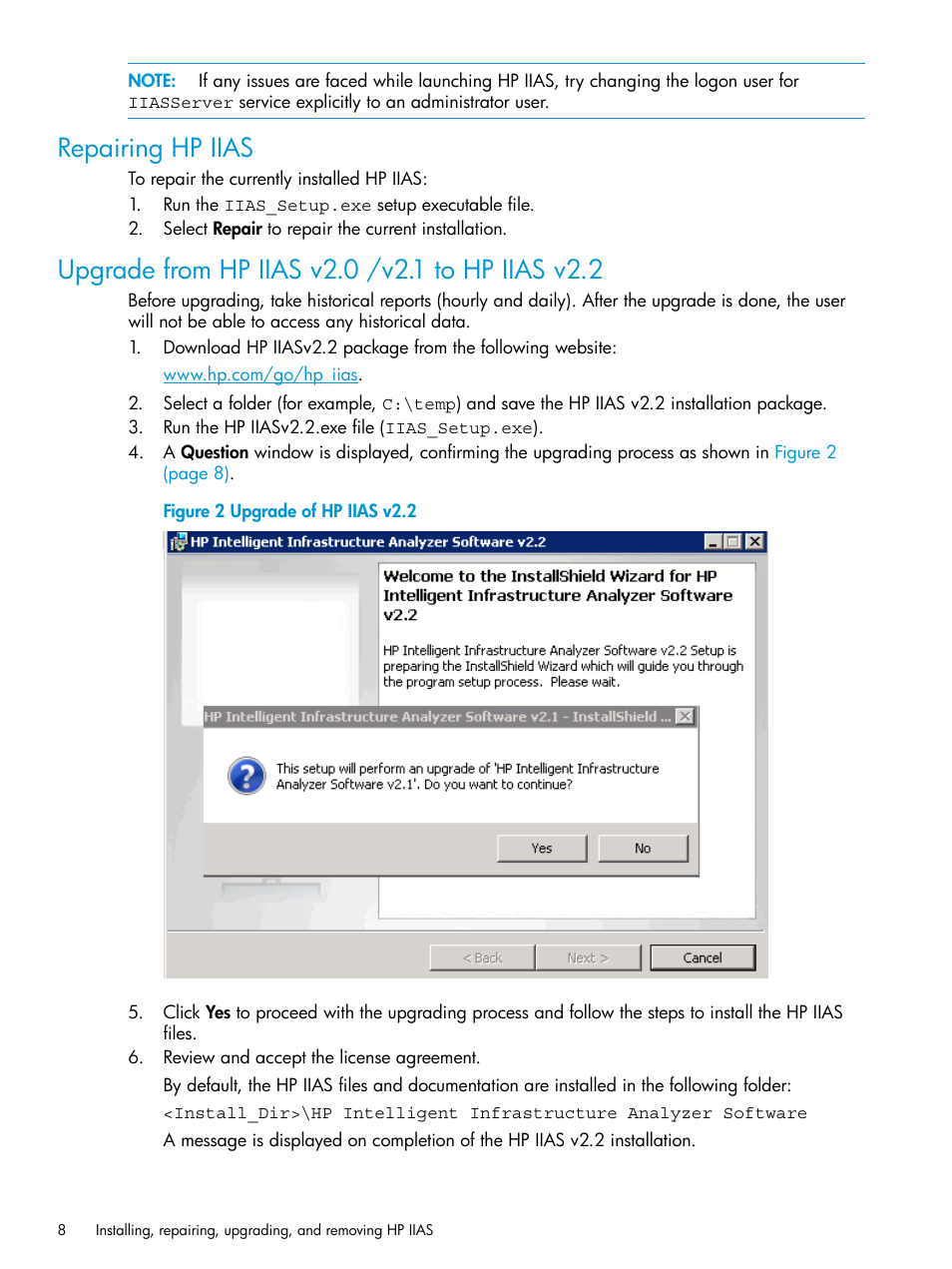 Repairing hp iias, Upgrade from hp iias v2.0 /v2.1 to hp iias v2.2 | HP Intelligent Infrastructure Analyzer Software User Manual | Page 8 / 63