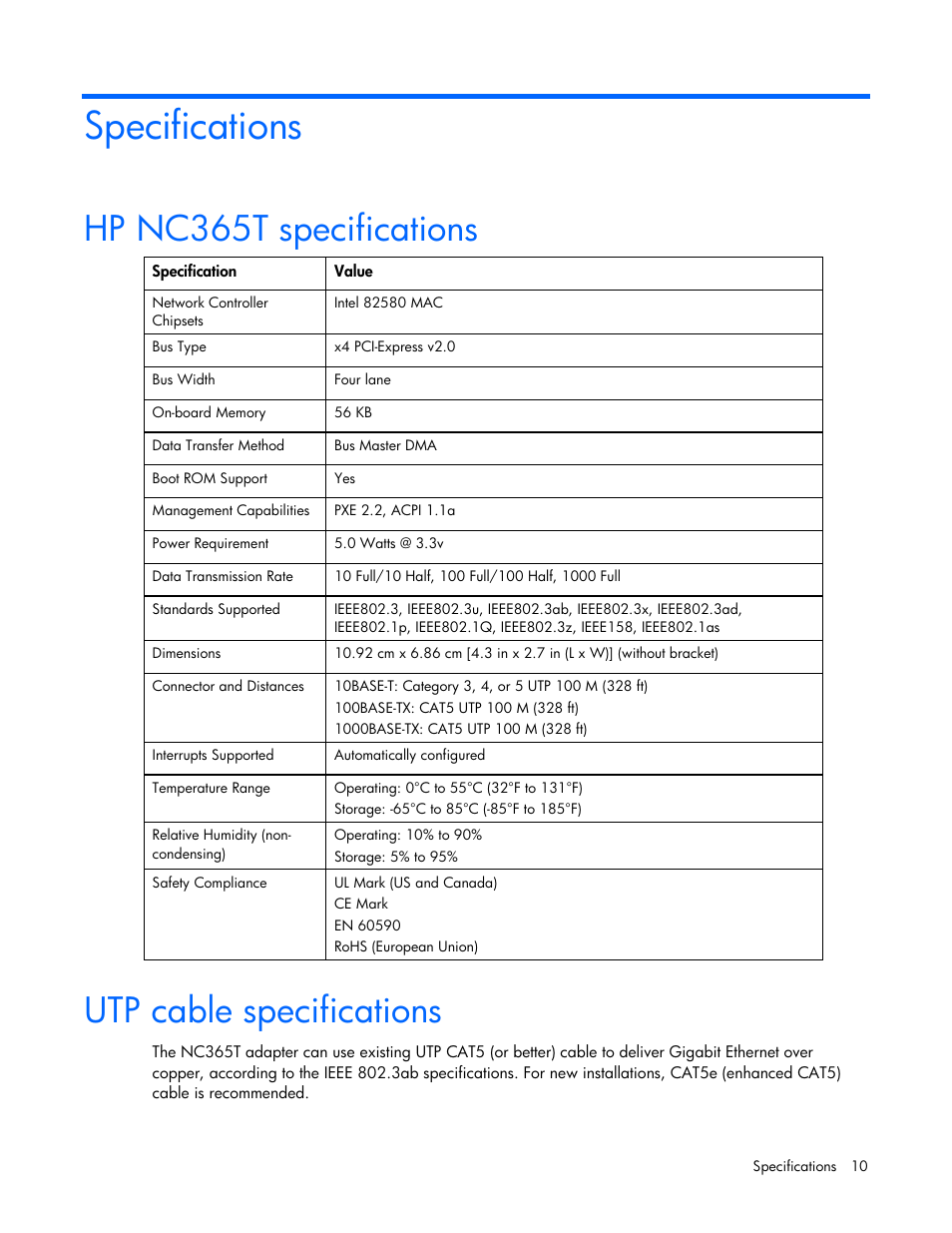 Specifications, Hp nc365t specifications, Utp cable specifications | Hp nc365t specifications utp cable specifications | HP NC365T 4-port Ethernet Server Adapter User Manual | Page 10 / 20