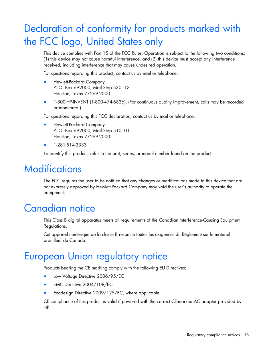 Modifications, Canadian notice, European union regulatory notice | HP NC365T 4-port Ethernet Server Adapter User Manual | Page 13 / 20