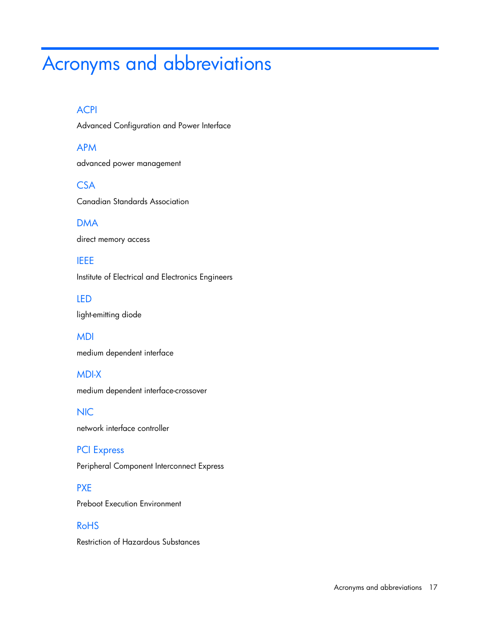 Acronyms and abbreviations | HP NC365T 4-port Ethernet Server Adapter User Manual | Page 17 / 20