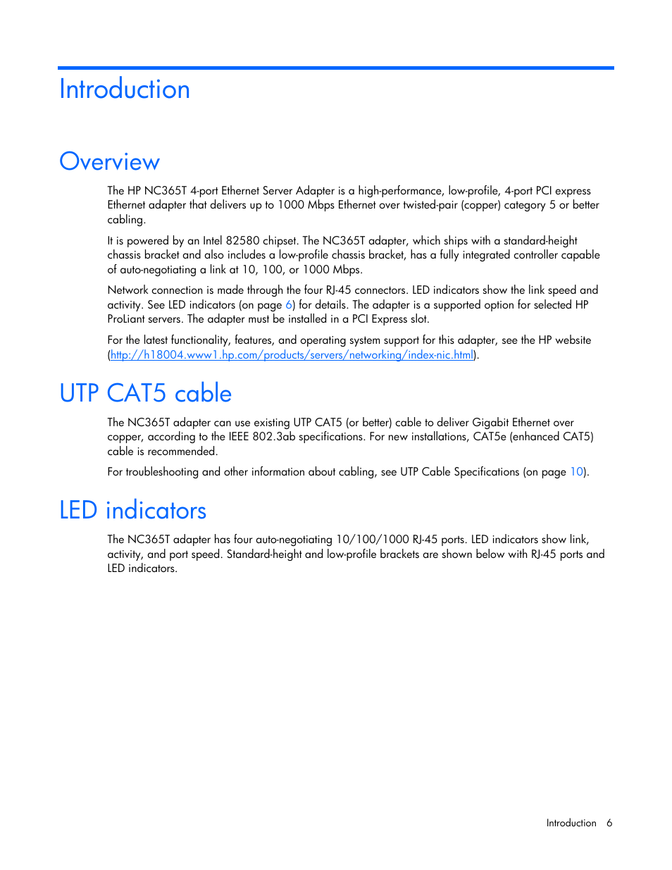 Introduction, Overview, Utp cat5 cable | Led indicators, Overview utp cat5 cable led indicators | HP NC365T 4-port Ethernet Server Adapter User Manual | Page 6 / 20
