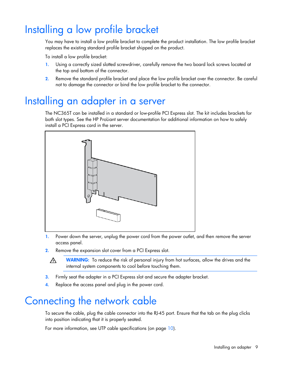 Installing a low profile bracket, Installing an adapter in a server, Connecting the network cable | HP NC365T 4-port Ethernet Server Adapter User Manual | Page 9 / 20