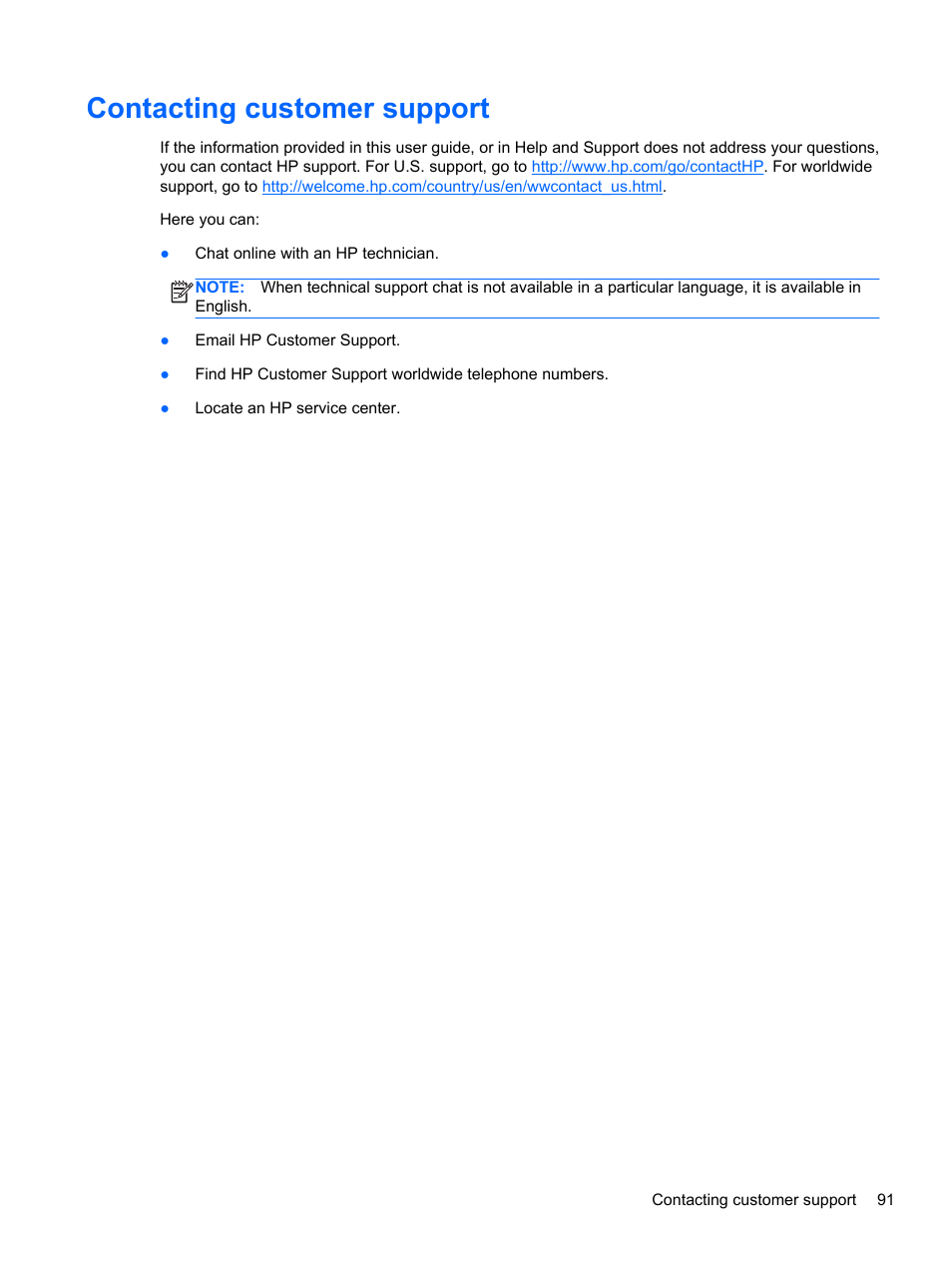 Contacting customer support | HP Pavilion dv4-5110us Entertainment Notebook PC User Manual | Page 101 / 105