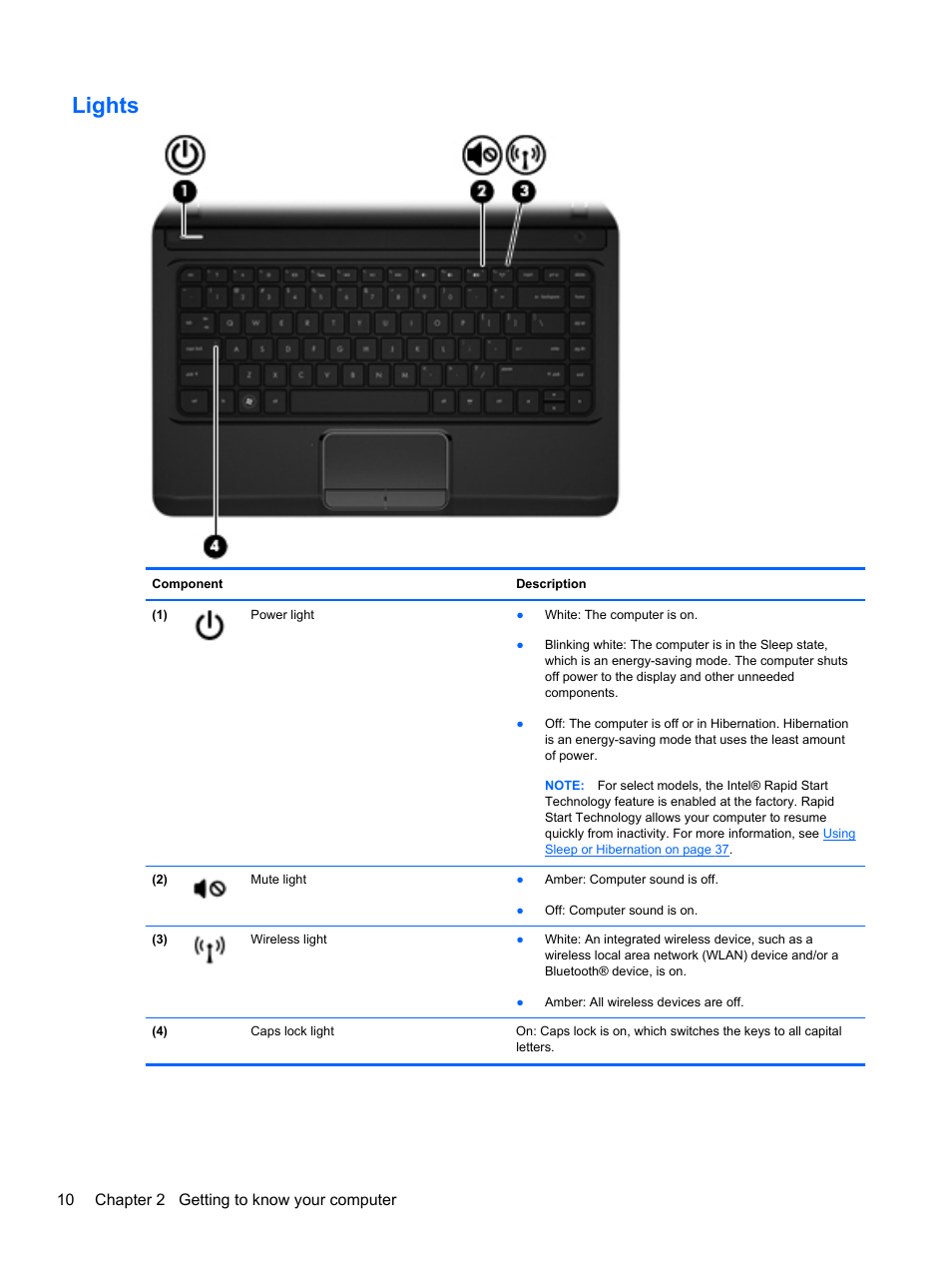 Lights, 10 chapter 2 getting to know your computer | HP Pavilion dv4-5110us Entertainment Notebook PC User Manual | Page 20 / 105