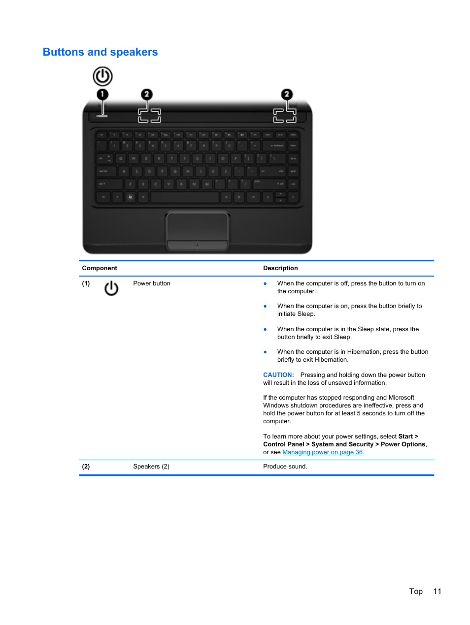 Buttons and speakers | HP Pavilion dv4-5110us Entertainment Notebook PC User Manual | Page 21 / 105