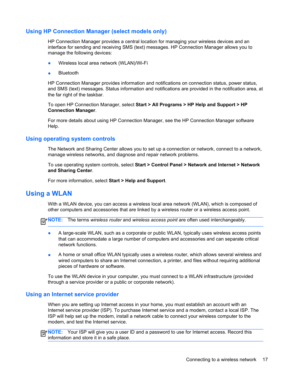 Using hp connection manager (select models only), Using operating system controls, Using a wlan | Using an internet service provider | HP Pavilion dv4-5110us Entertainment Notebook PC User Manual | Page 27 / 105