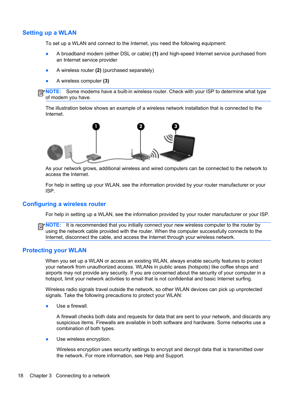 Setting up a wlan, Configuring a wireless router, Protecting your wlan | HP Pavilion dv4-5110us Entertainment Notebook PC User Manual | Page 28 / 105