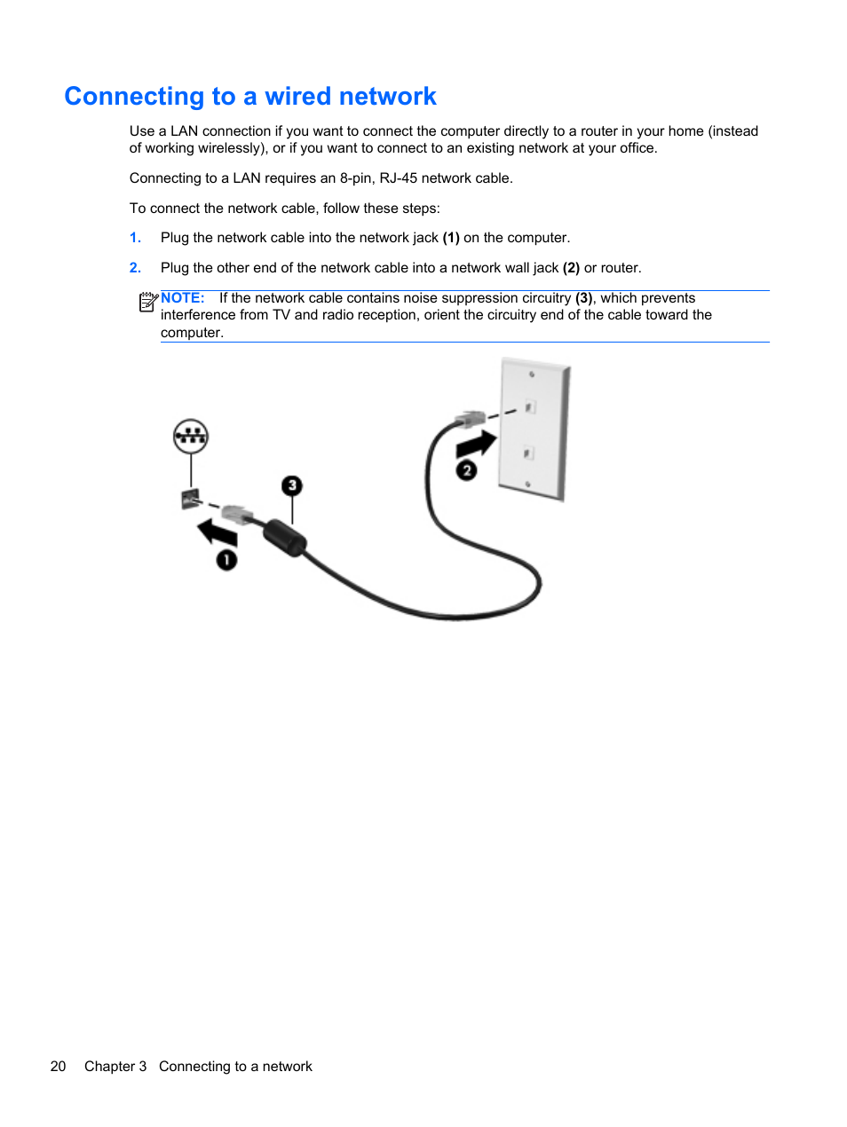 Connecting to a wired network | HP Pavilion dv4-5110us Entertainment Notebook PC User Manual | Page 30 / 105