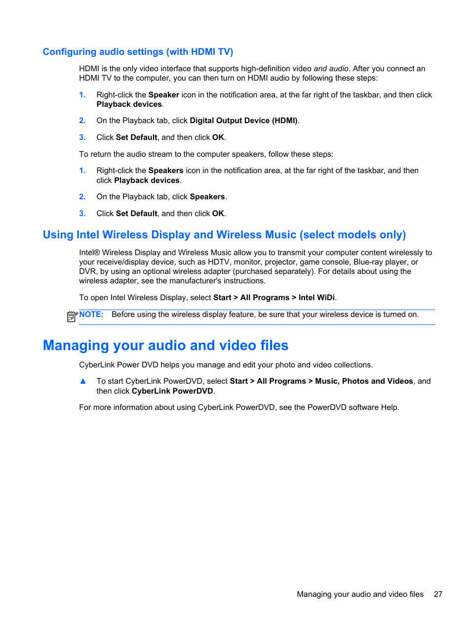 Configuring audio settings (with hdmi tv), Managing your audio and video files | HP Pavilion dv4-5110us Entertainment Notebook PC User Manual | Page 37 / 105