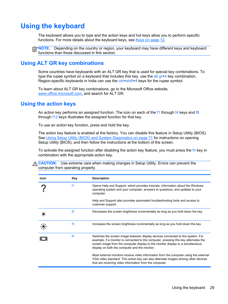Using the keyboard, Using alt gr key combinations, Using the action keys | HP Pavilion dv4-5110us Entertainment Notebook PC User Manual | Page 39 / 105