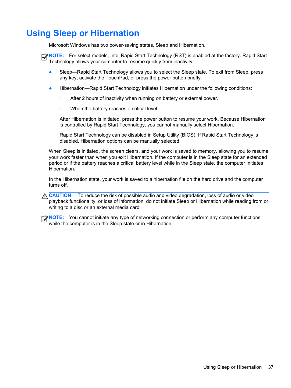 Using sleep or hibernation, Using | HP Pavilion dv4-5110us Entertainment Notebook PC User Manual | Page 47 / 105