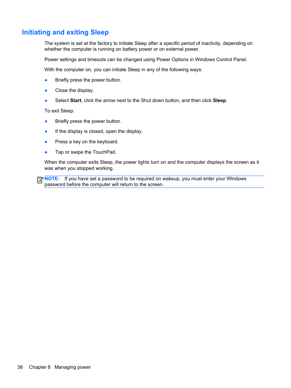 Initiating and exiting sleep | HP Pavilion dv4-5110us Entertainment Notebook PC User Manual | Page 48 / 105