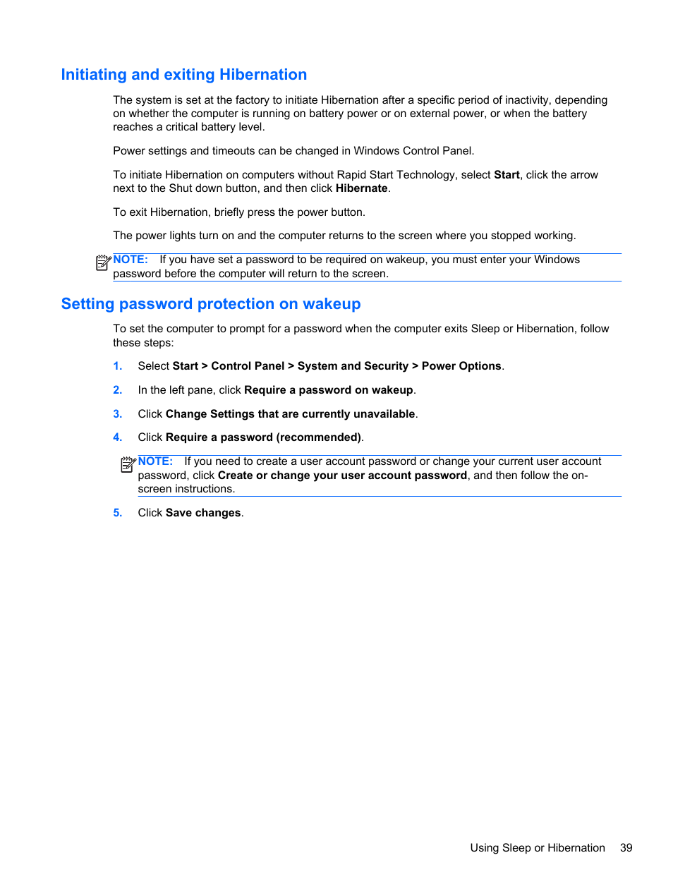 Initiating and exiting hibernation, Setting password protection on wakeup | HP Pavilion dv4-5110us Entertainment Notebook PC User Manual | Page 49 / 105