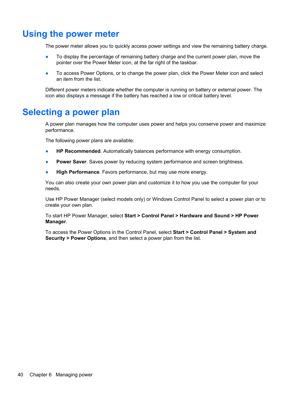 Using the power meter, Selecting a power plan, Using the power meter selecting a power plan | HP Pavilion dv4-5110us Entertainment Notebook PC User Manual | Page 50 / 105