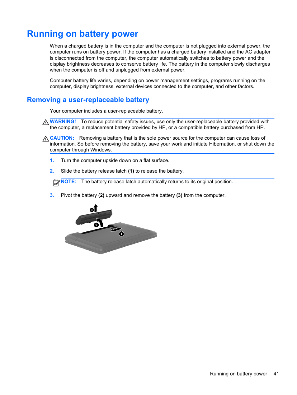Running on battery power, Removing a user-replaceable battery | HP Pavilion dv4-5110us Entertainment Notebook PC User Manual | Page 51 / 105