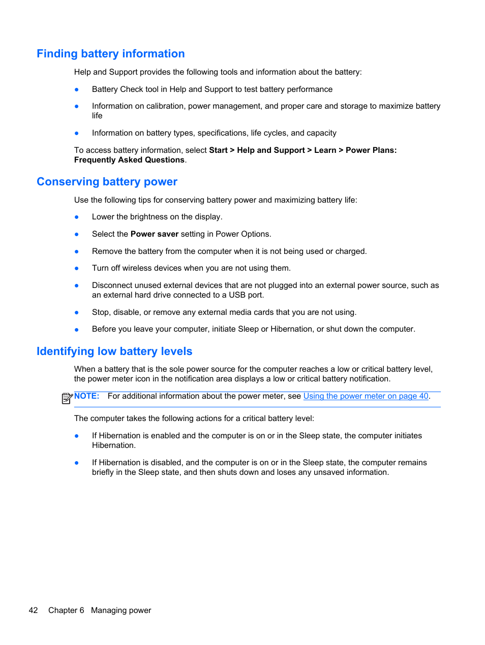 Finding battery information, Conserving battery power, Identifying low battery levels | HP Pavilion dv4-5110us Entertainment Notebook PC User Manual | Page 52 / 105