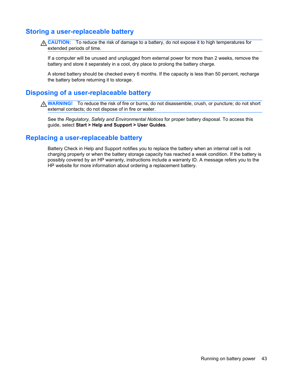 Storing a user-replaceable battery, Disposing of a user-replaceable battery, Replacing a user-replaceable battery | HP Pavilion dv4-5110us Entertainment Notebook PC User Manual | Page 53 / 105